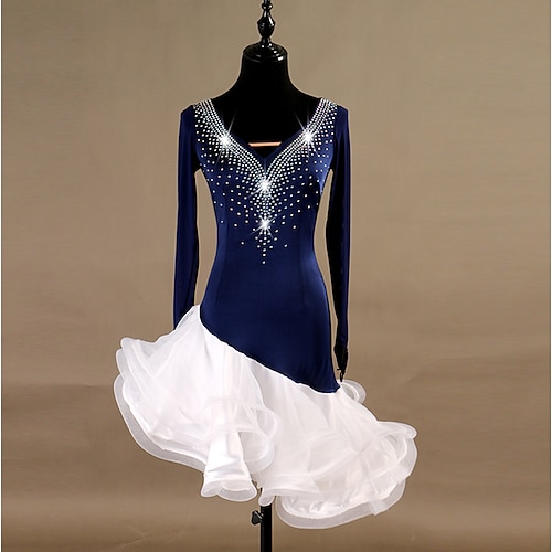 

Latin Dance Dress Crystals / Rhinestones Women's Training Performance Long Sleeve Natural Chinlon Organza Tulle