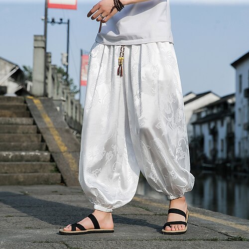 

Men's Trousers Baggy Carrot Pants Casual Pants Jogger Pants Drawstring Elastic Waist Print Graphic Prints Comfort Breathable Ankle-Length Casual Daily Streetwear Cotton Blend Sports Fashion White