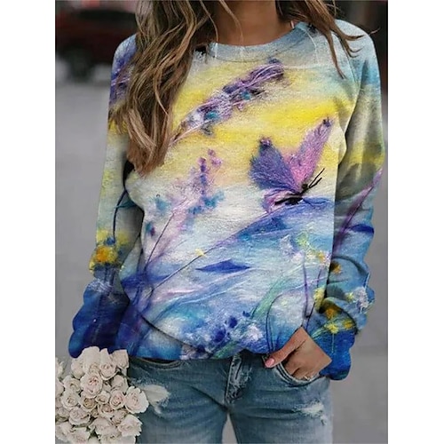 

Women's Sweatshirt Casual Print Rainbow Floral Butterfly Loose Casual Round Neck Long Sleeve Cotton S M L XL XXL 3XL / 3D Print