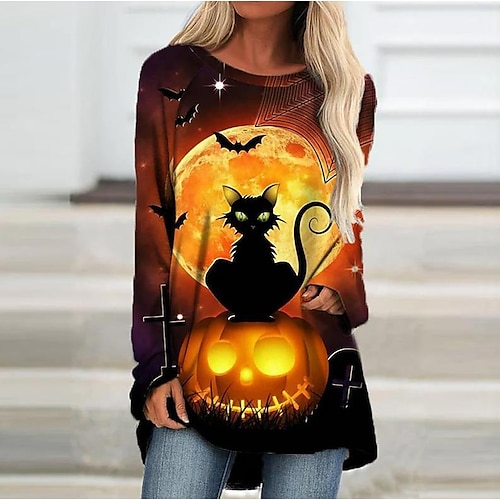 

Women's T shirt Tee Tunic Brown Cat Pumpkin Patchwork Print Long Sleeve Halloween Casual Vintage Halloween Round Neck Regular Cat S