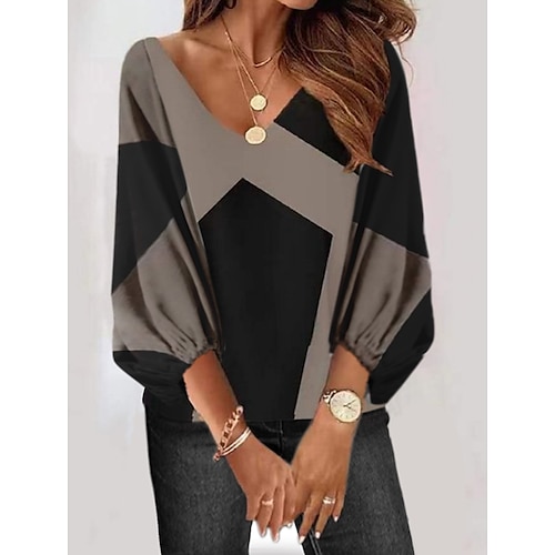 

Women's Shirt Color Block Daily Weekend Geometric Shirt 3/4 Length Sleeve Print V Neck Casual Streetwear Black Blue Gray S / 3D Print