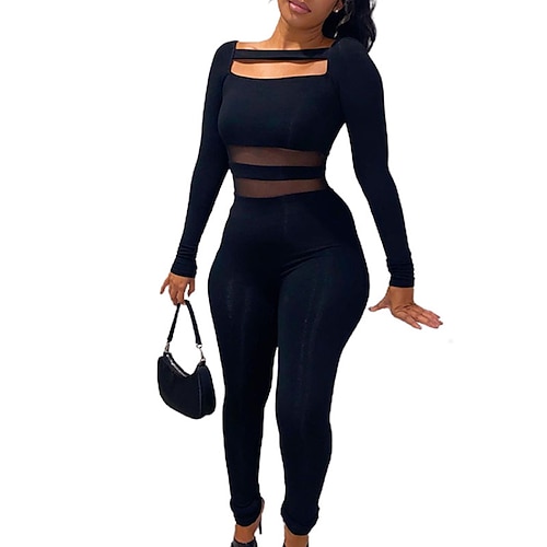 

Women's Jumpsuit High Waist Cut Out Solid Color Square Neck Active Sport Daily Regular Fit Long Sleeve Black S M L Fall