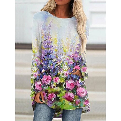 

Women's T shirt Tee Green Blue Pink Floral Butterfly Print Long Sleeve Casual Weekend Basic Round Neck Long Floral Butterfly Painting S / 3D Print