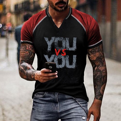 

Men's Unisex T shirt Tee 3D Print Color Block Graphic Prints Letter V Neck Street Daily Patchwork Button-Down Short Sleeve Tops Designer Casual Big and Tall Sports Red / Summer / Summer