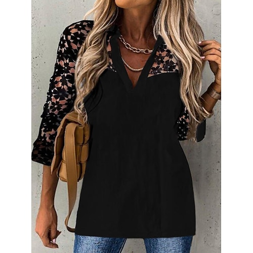 

Women's Blouse Shirt Black Plain Lace Patchwork 3/4 Length Sleeve Daily Weekend Streetwear Casual Shirt Collar Regular S