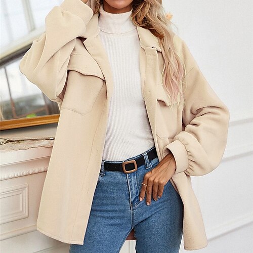 

Women's Winter Coat Warm Breathable Outdoor Daily Wear Vacation Going out Pocket Single Breasted Turndown Active Comfortable Street Style Shacket Solid Color Regular Fit Outerwear Long Sleeve Winter