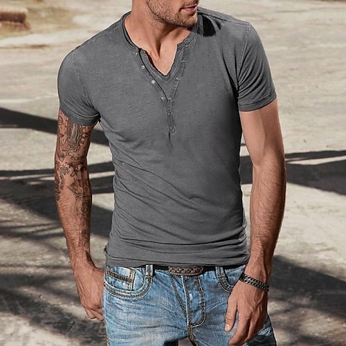 

Men's Henley Shirt T shirt Tee Solid Color Henley Street Daily Button-Down Short Sleeve Tops Casual Fashion Comfortable Gray / Beach