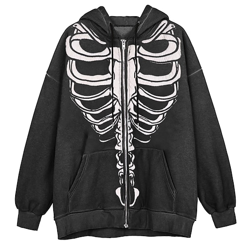 

Women's Zip Hoodie Sweatshirt Pullover Skull Butterfly Skeleton Zipper Front Pocket Print Halloween Weekend 3D Print Active Streetwear Clothing Apparel Hoodies Sweatshirts Loose Fit Black And White