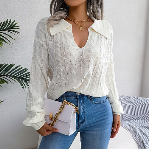 

Suéter pulôver feminino jumper cabo de malha de cor pura gola de camisa elegante casual diariamente saindo outono inverno cáqui l