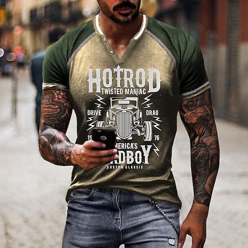 

Men's Unisex T shirt Tee Color Block Car Graphic Prints V Neck Green Navy Blue Gray Black 3D Print Outdoor Street Short Sleeve Patchwork Button-Down Clothing Apparel Sports Designer Casual Big and