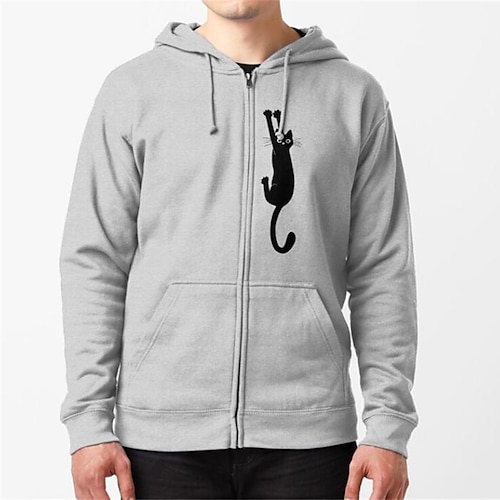 

Men's Full Zip Hoodie Jacket Cat Graphic Zipper Pocket Print Daily Holiday Going out Hot Stamping Casual Streetwear Hoodies Sweatshirts Light gray