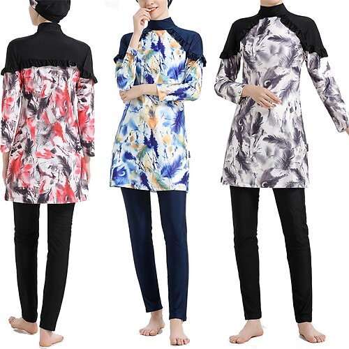 

Women's Burkini Hijab Swimsuit Full Coverage UPF50 Long Sleeve Bathing Suit 3-Piece Modest Swimwear Swimming Beach Water Sports Floral Spring Summer Autumn