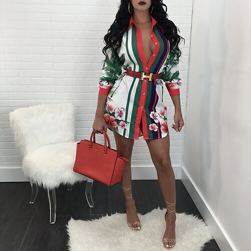 

Women's Shirt Dress Sheath Dress Short Mini Dress White Black 3/4 Length Sleeve Print Print Fall Winter Shirt Collar Fashion Modern 2022 S M L XL XXL 3XL / Summer