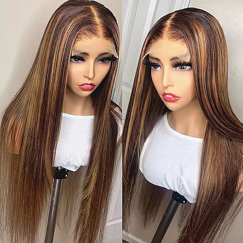 

Ubearbeidet jomfruhår 13x4 blonder foran Parykk Gratis del Brasiliansk hår Rett Flerfarvet Parykk 130% 150% Hair Tetthet med baby hår Hår med highlights Naturlig hårlinje 100% Jomfru Pre-Plucked Til