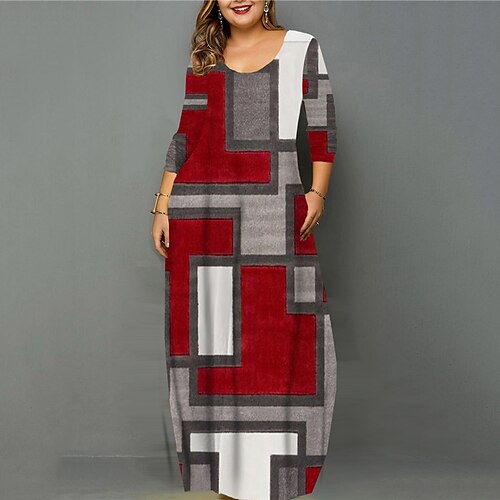 

Women's Plus Size Casual Dress Color Block U Neck Print Long Sleeve Fall Spring Casual Vintage Maxi long Dress Causal Daily Dress / 3D Print