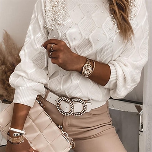 

Women's Pullover Sweater Jumper Ribbed Knit Knitted Beads Pearl Crew Neck Stylish Casual Daily Holiday Fall Winter White S M L / Long Sleeve