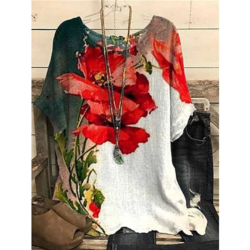 

Women's Shirt Blouse Yellow Red Blue Floral Print Short Sleeve Daily Vacation Streetwear Vintage Holiday Crew Neck Linen Regular Fit Plus Size Dolman Sleeve Summer Spring