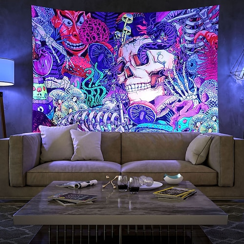 

Halloween Blacklight UV Reactive Wall Tapestry Art Decor Blanket Curtain Hanging Home Bedroom Decoration Polyester Skull