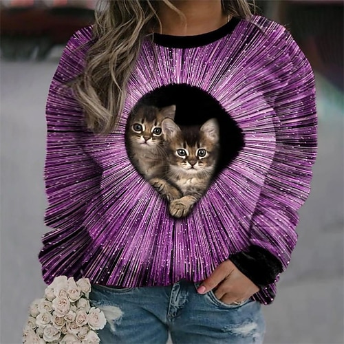 

Women's Plus Size Tops Pullover Sweatshirt Floral Cat Print Long Sleeve Round Neck Streetwear Daily Vacation Cotton Fall Winter Black Blue