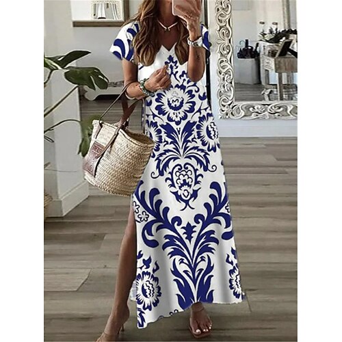 

Women's Casual Dress Shift Dress Maxi long Dress Blue Short Sleeve Floral Split Print Spring Summer V Neck Casual Vacation 2022 S M L XL XXL 3XL