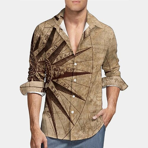 

Men's Shirt 3D Print Graphic Patterned Compass Turndown Street Daily 3D Print Button-Down Long Sleeve Tops Casual Classic Hawaiian Comfortable Brown / Summer