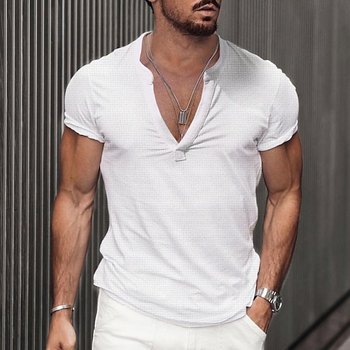 

Men's T shirt Tee Henley Shirt Solid Color Henley Navy Blue White Black Street Holiday Short Sleeve Clothing Apparel Fashion Casual Comfortable / Beach