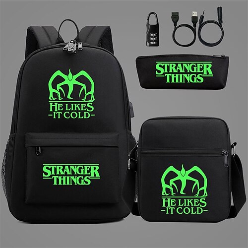 

Green Luminous Stranger Things Usb Password Lock Teen Student Schoolbag Three-piece Men's and Women's Backpack Set