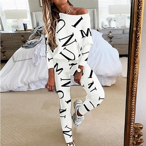

Women's Letter Print Lounge Sets Sweatsuit 2 Pcs Crew Neck Long Sleeve Tops & Slim Pants Outfits Sport Comfort Home Street Vacation Polyester Off Shoulder Fall Winter S 2XL Black White