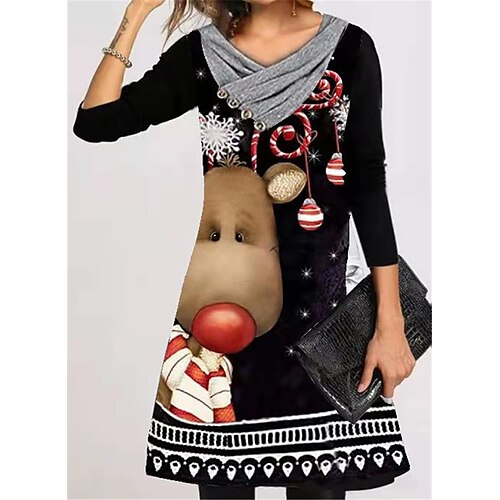 

Women's Casual Dress A Line Dress Knee Length Dress White Black Red Brown Long Sleeve Cat Snowflake Print Fall Winter V Neck Casual Loose 2022 S M L XL XXL 3XL