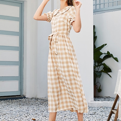 

Women's A Line Dress Swing Dress Maxi long Dress Orange Short Sleeve Plaid Lace up Fall Spring Shirt Collar Stylish Fashion Modern Puff Sleeve 2022 S M L XL / Summer
