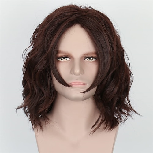 

The Movie Captain America of Bucky Barnes Cosplay Wigs for Men Shoulder Length Synthetic Wavy Hair with Middle Part Winter Soldier Cosutme Curly Wig for Boy Halloween Use