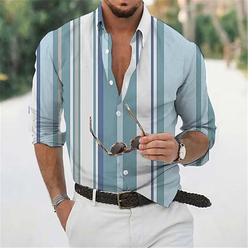 

Men's Shirt 3D Print Striped Turndown Street Casual Button-Down Print Long Sleeve Tops Casual Fashion Breathable Blue