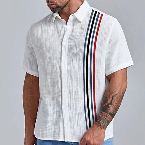 

Men's Seersucker Shirt Striped Turndown White Print Daily Holiday Short Sleeve Button-Down Clothing Apparel Fashion Lightweight Casual Comfortable / Summer / Summer / Beach