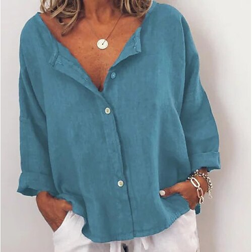 

Women's Blouse Shirt Blue Army Green Khaki Plain Button Long Sleeve Casual Weekend Streetwear V Neck Regular S