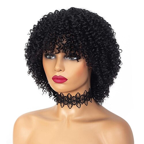 

Jerry Curly Wig With Bangs Full Machine Made Wig 150 Density Remy Brazilian Short Curly Human Hair Wigs