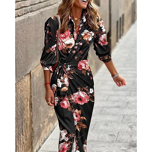 

Women's Shirt Dress Casual Dress Maxi long Dress Black And White Green White Black Blue Purple Pink Orange Red 3/4 Length Sleeve Print Lace up Print Fall Winter Shirt Collar Stylish Fashion Modern