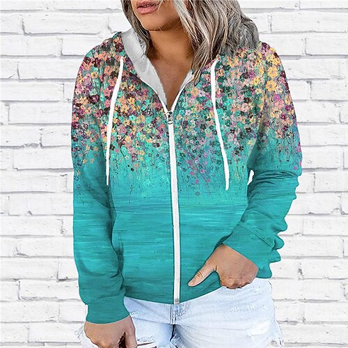 

Women's Plus Size Tops Hoodie Sweatshirt Floral Zipper Print Long Sleeve Hooded Streetwear Daily Vacation Polyester Fall Winter Green Black / 3D Print