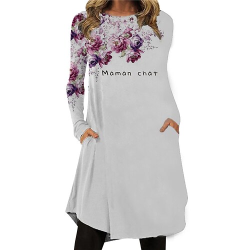 

Women's Casual Dress T Shirt Dress Tee Dress Shift Dress White Long Sleeve Floral Pocket Winter Fall Crew Neck Winter Dress Fall Dress 2022 S M L XL XXL 3XL