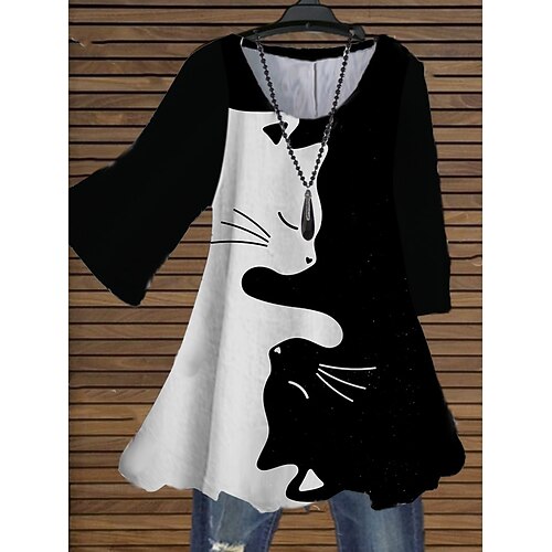 

Women's Plus Size Casual Dress Cat Crew Neck Print 3/4 Length Sleeve Fall Spring Casual Short Mini Dress Causal Daily Dress / 3D Print