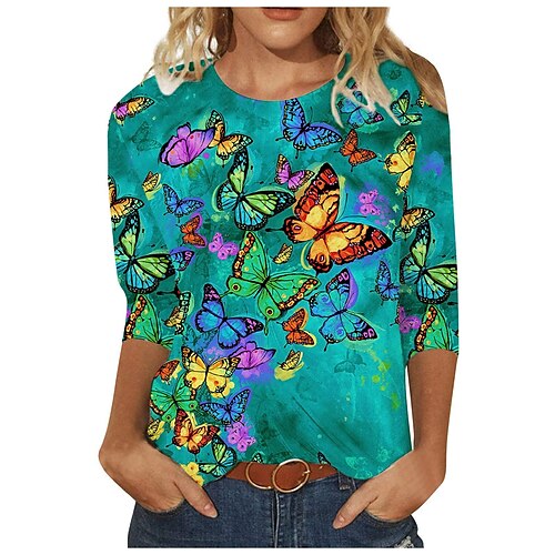 

Women's T shirt Tee Graphic Casual Weekend T shirt Tee Long Sleeve Print Round Neck Basic Green Black Blue S / 3D Print