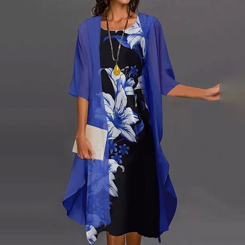 

Women's Dress Set Two Piece Dress Shift Dress Midi Dress Blue Purple Red 3/4 Length Sleeve Floral Print Winter Fall Mature Weekend Loose Fit 2022 M L XL XXL 3XL