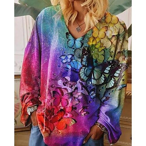 

Women's T shirt Tee Butterfly Casual Daily Going out Bohemian Theme Butterfly T shirt Tee Long Sleeve Print V Neck Vintage Boho Rainbow S