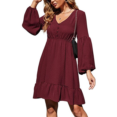 

Women's A Line Dress Short Mini Dress Wine Red Green Black Dark Blue Brown Long Sleeve Pure Color Ruffle Button Fall Winter V Neck Casual 2022 S M L XL 2XL