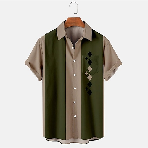 

Men's Bowling Shirt Camp Shirt Geometric Color Block Graphic Prints Turndown Blue-Green Army Green Hot Stamping Sports Holiday Short Sleeves Button-Down Print Clothing Apparel Fashion Casual Hawaiian