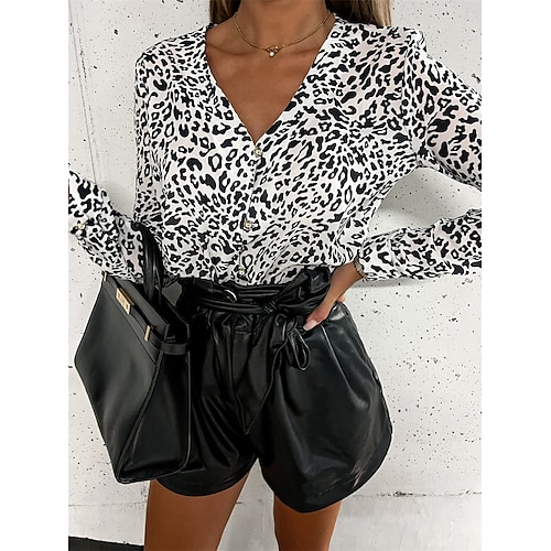 

Women's Blouse Leopard Casual Daily Weekend Geometric Blouse Shirt Long Sleeve Patchwork Print Shirt Collar Casual Vintage White Khaki S