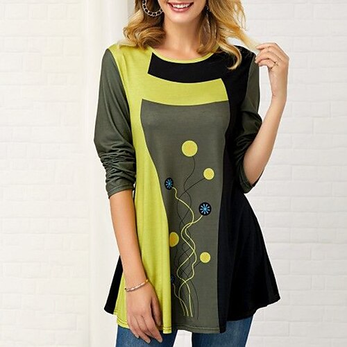 

Women's T shirt Tee Geometric Casual Weekend Geometric Painting T shirt Tee Long Sleeve Print Round Neck Basic Green Black Yellow S / 3D Print