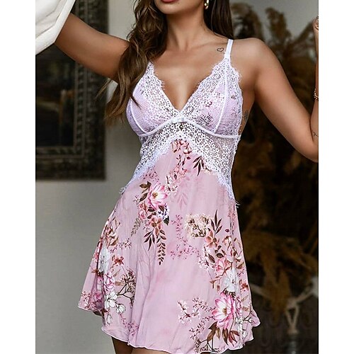 

Women's Pajamas Nightgown Dress Nighty Flower Comfort Sweet Home Daily Satin V Wire Sleeveless Backless Spring Summer Pink / Silk / Pjs