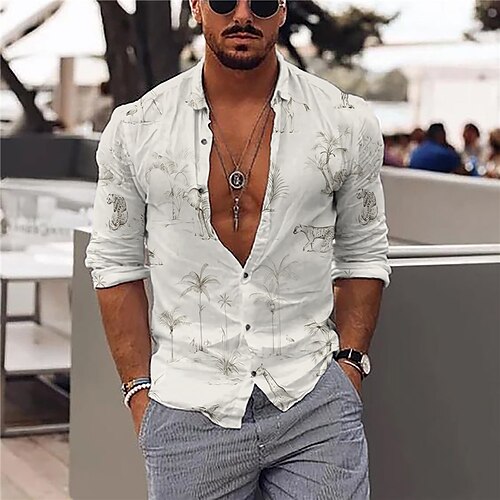 

Men's Shirt Animal Elephant Coconut Tree Turndown Beige Long Sleeve 3D Print Outdoor Street Button-Down Print Tops Fashion Designer Casual Breathable