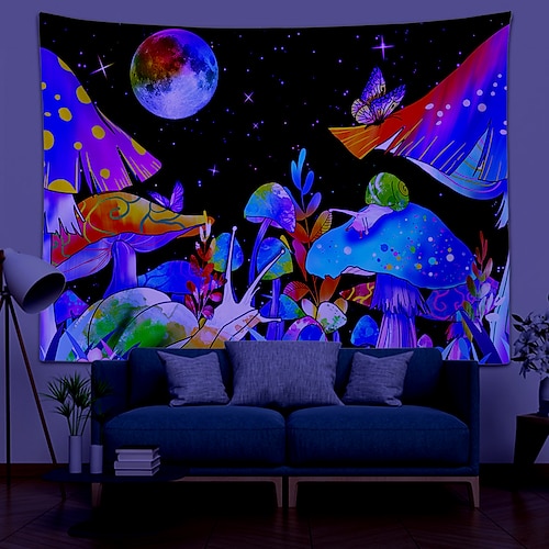 

Blacklight UV Reactive Wall Tapestry Psychedelic Mushroom Room Background Decorative Cloth Hanging