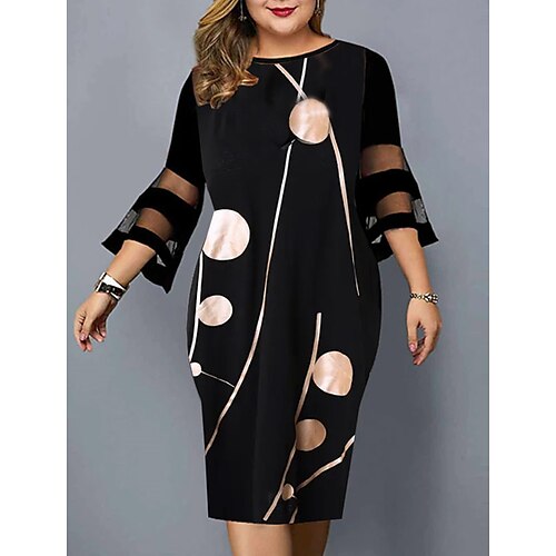 

Women's Plus Size Holiday Dress Print Crew Neck 3/4 Length Sleeve Fall Winter Work Formal Knee Length Dress Date Work Dress
